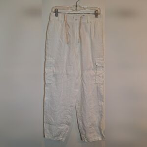 Caribbean Mens Cargo Linen Pants Beachy White 32x27(tag 32x30) Baggy w/ Pockets